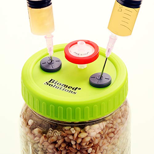 6Pcs Wide Mouth Liquid Culture Lid Food Grade Plastic Grain Spawn Cultivation Mason Jar Lid with 0.22um PTFE Syringe Filter &2pcs 20mm Self Healing Injection Ports For Mushroom Biomed Solutions…