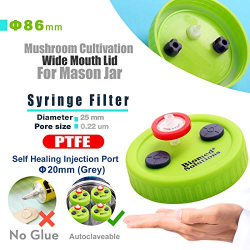 6Pcs Wide Mouth Liquid Culture Lid Food Grade Plastic Grain Spawn Cultivation Mason Jar Lid with 0.22um PTFE Syringe Filter &2pcs 20mm Self Healing Injection Ports For Mushroom Biomed Solutions…