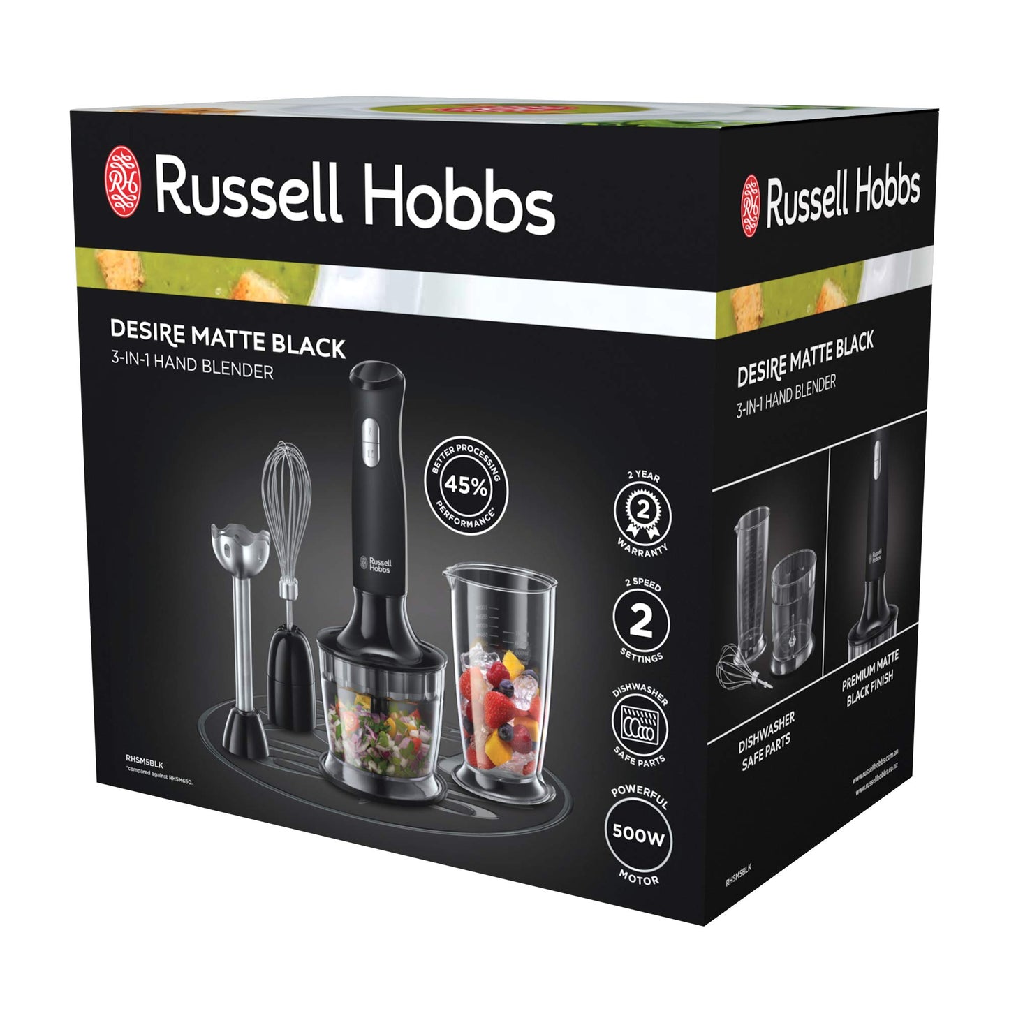 Russell Hobbs RHSM5BLK, Desire Hand Blender, Dishwasher Safe and Detachable Parts, 2 Speeds and Pulse, Multi-Functional, Matte Black