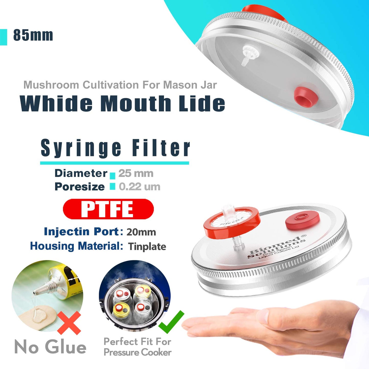 6Pcs Wide Mouth Mushroom Liquid Culture Lid Grain Spawn Cultivation Mason Jar Lid with 0.2 micron PTFE Syringe Filter & 20mm Self Healing Injection Ports For Mushroom Growing Mycology(Silver)