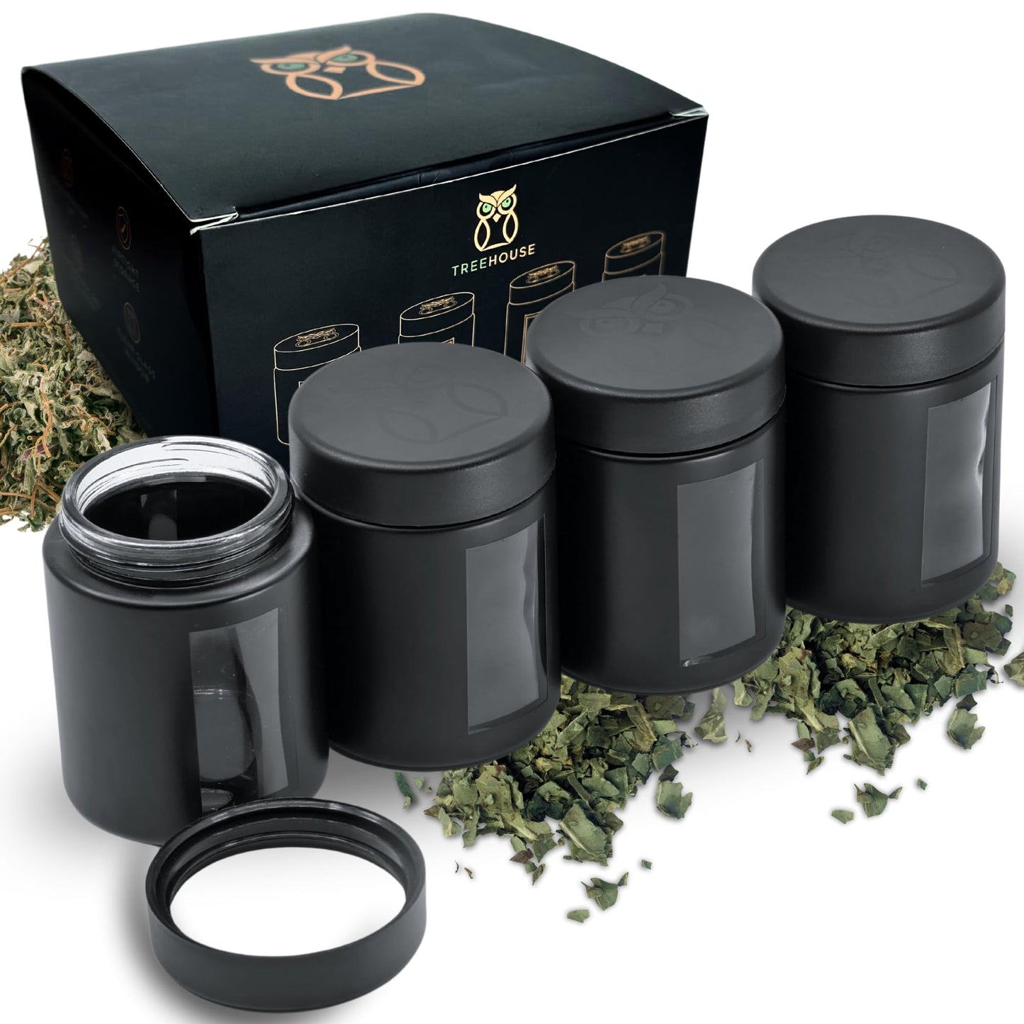 Stash Jar Smell Proof Container (4 oz) Viewing Jars for Herbs, Spices, Coffee, Teas & More, Air Tight Jar, Thick UV Protection Glass, Smell Proof Herb Storage (Set of 4) (Matte Black)