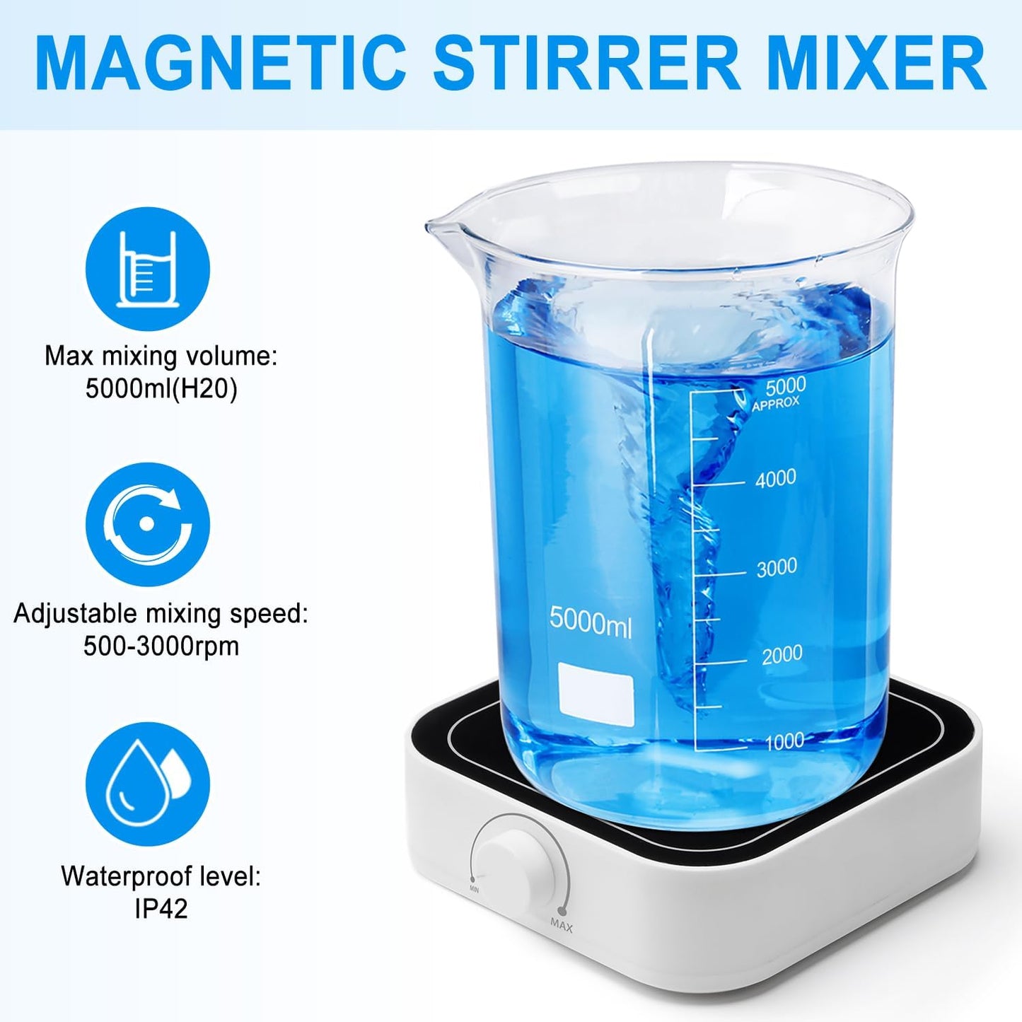 FOUR E'S SCIENTIFIC 5L Magnetic Stirrer with Magnetic Stir Bar and Magnetic Stir Bar Retriever, Max Stirring Capacity 5000ml, 500-3000RPM Magnetic Mixer(No Heating)