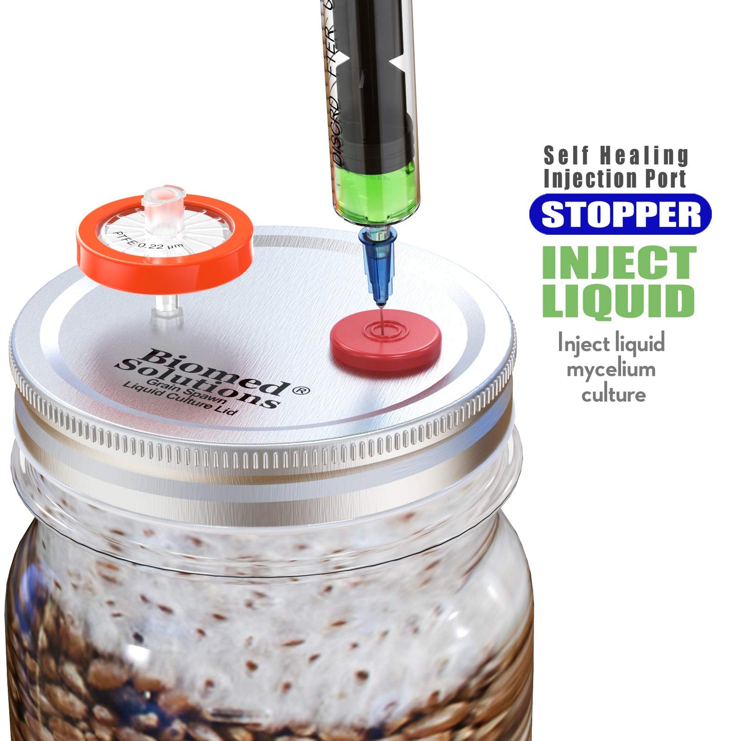 6Pcs Wide Mouth Mushroom Liquid Culture Lid Grain Spawn Cultivation Mason Jar Lid with 0.2 micron PTFE Syringe Filter & 20mm Self Healing Injection Ports For Mushroom Growing Mycology(Silver)
